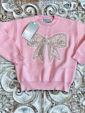 Sequin Bow Crewneck Sweater - Pink